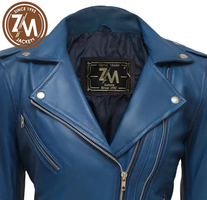 Nellie Biker Real Leather Jacket Women Ocean Blue Ladies Jacket