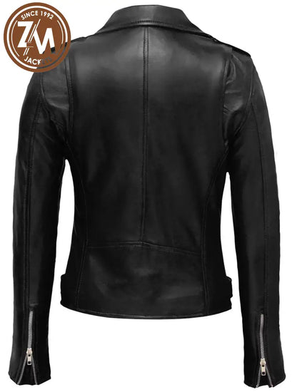Nellie Womens Black Asymmetrical Leather Biker Jacket Ladies Jacket back view 
