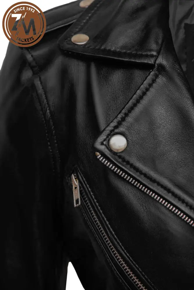 Nellie Womens Black Asymmetrical Leather Biker Jacket Ladies Jacket chest zipper pocket 