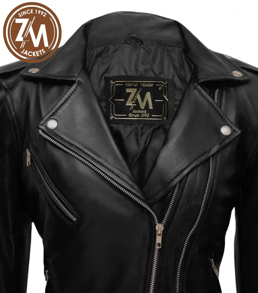 Nellie Womens Black Asymmetrical Leather Biker Jacket Ladies Jacket collar style 
