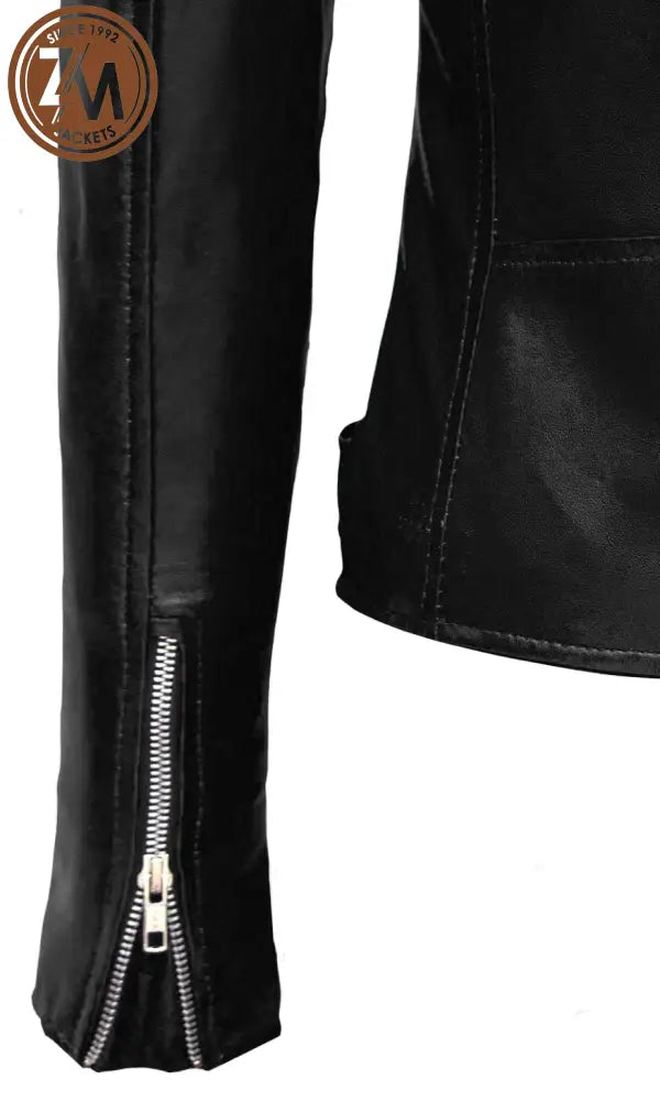 Nellie Womens Black Asymmetrical Leather Biker Jacket Ladies Jacket cuff zipper 