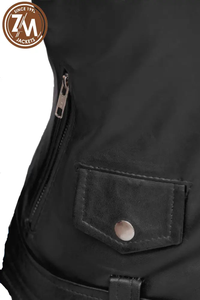 Nellie Womens Black Asymmetrical Leather Biker Jacket Ladies Jacket hand pocket closer 