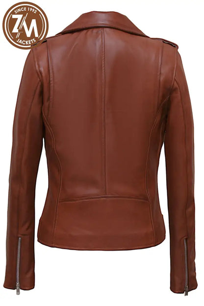 Nellie Womens Cognac Asymmetrical Leather Biker Jacket Ladies Jacket back view