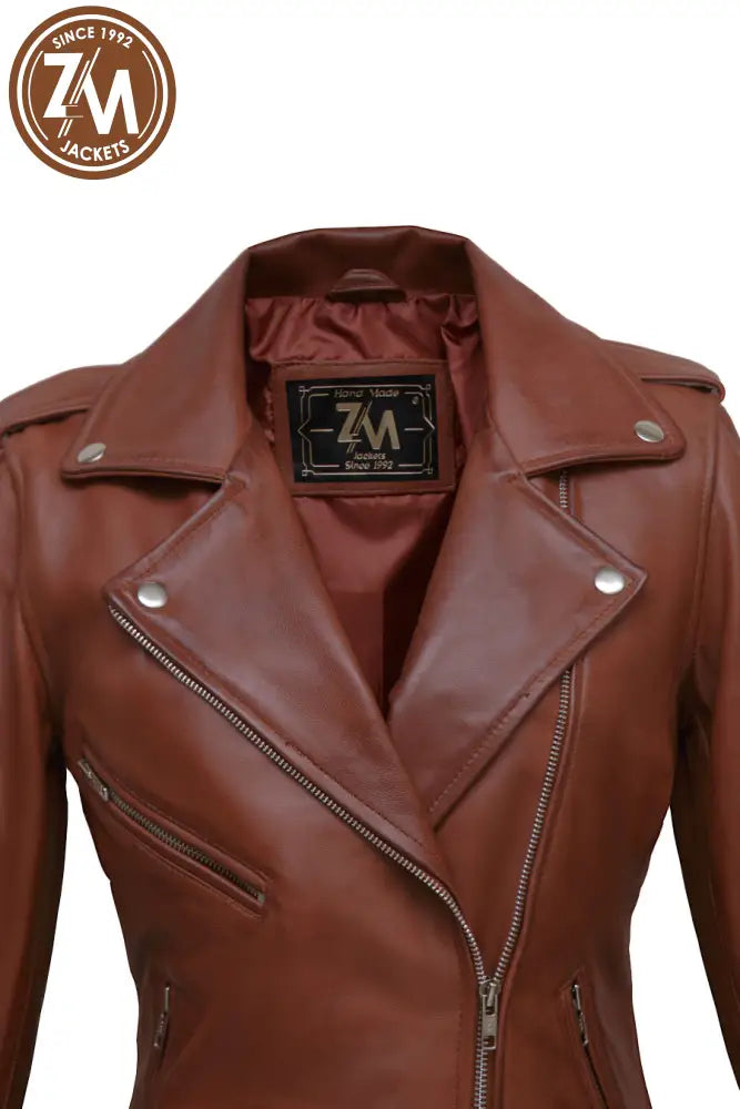 Nellie Womens Cognac Asymmetrical Leather Biker Jacket Ladies Jacket collar style 