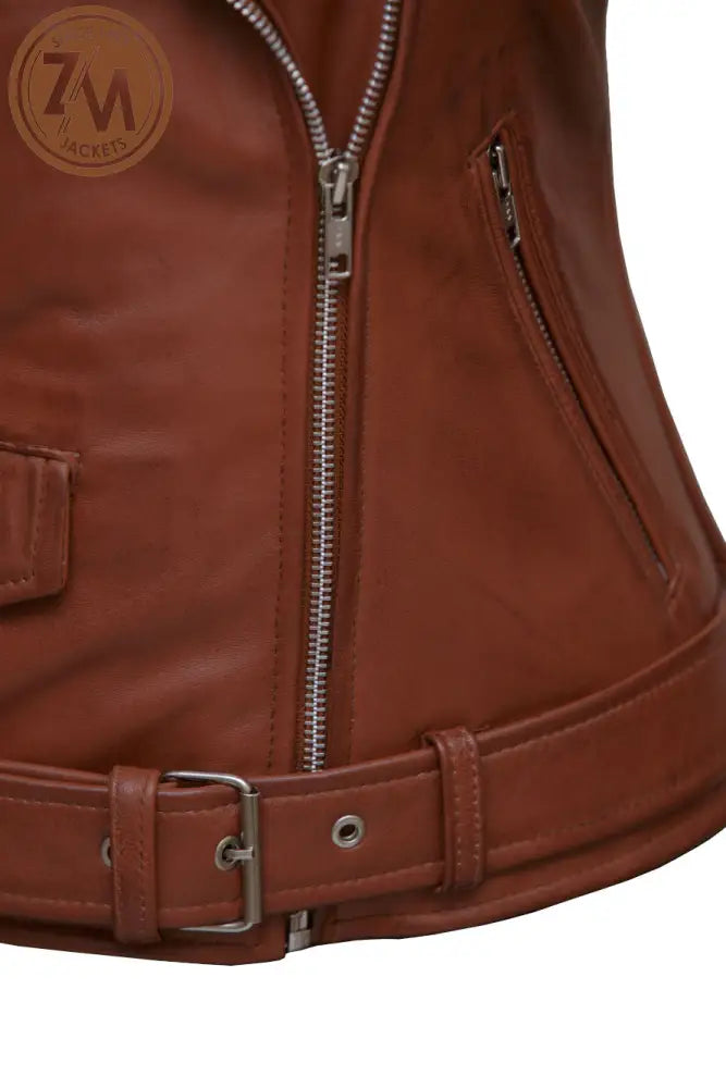 Nellie Womens Cognac Asymmetrical Leather Biker Jacket Ladies Jacket feature closer