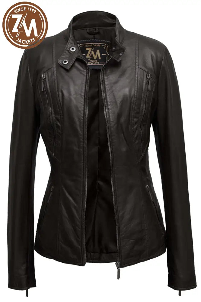 Rebel Womens Black Real Leather Jacket Ladies Jacket open front view 