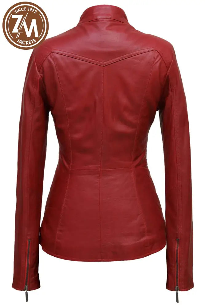 Rebel Womens Red Real Leather Jacket Ladies Jacket back view