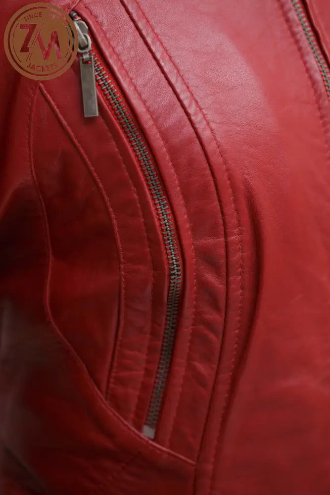 Rebel Womens Red Real Leather Jacket Ladies Jacket chest zipper pocket 