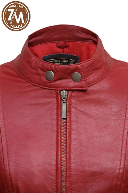 Rebel Womens Red Real Leather Jacket Ladies Jacket color closer 