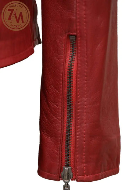 Rebel Womens Red Real Leather Jacket Ladies Jacket cuff zipper