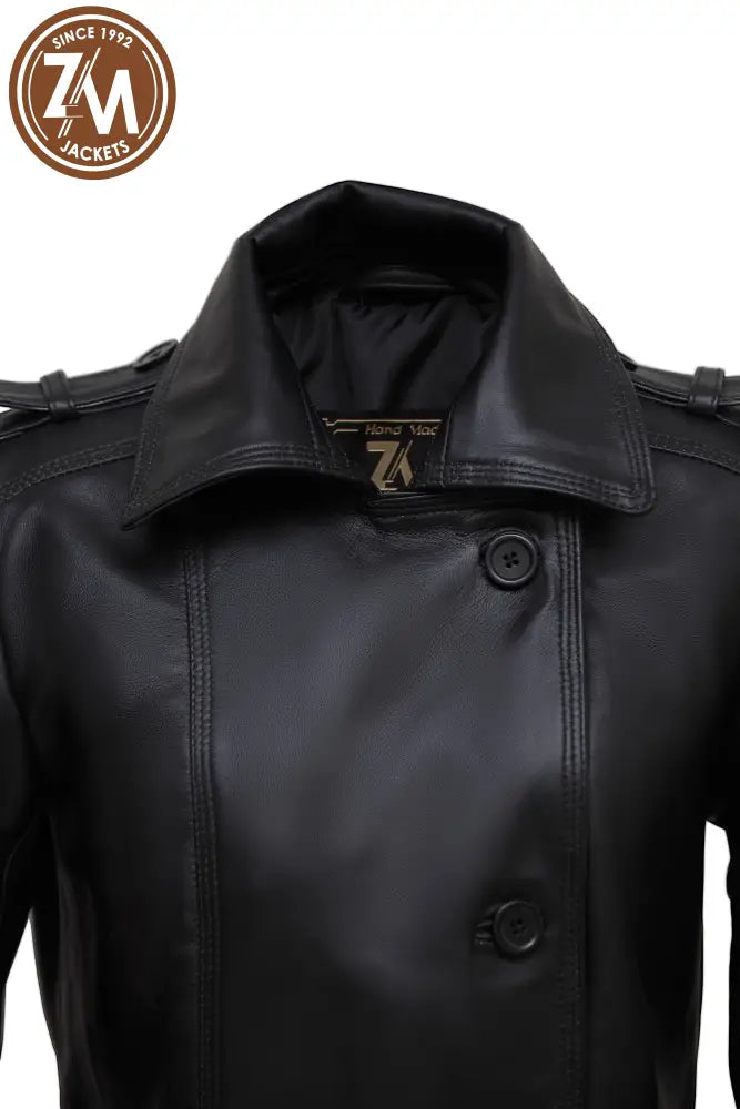 Renee Womens Black Leather Trench Coat Ladies 3Qtr collar style 