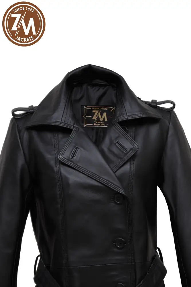 Renee Womens Black Leather Trench Coat Ladies 3Qtr open collar style 