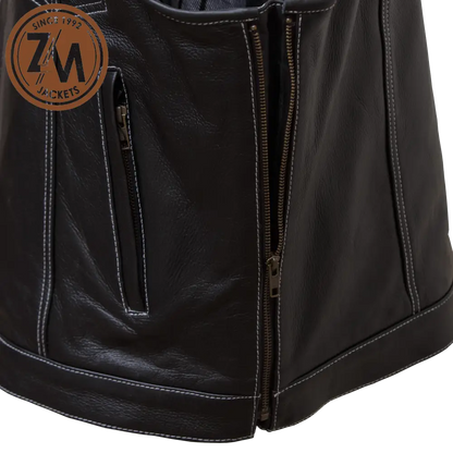 Winston Real Sheep Black Leather vest Coat Men’s Men Waist Coat adjustable side style 