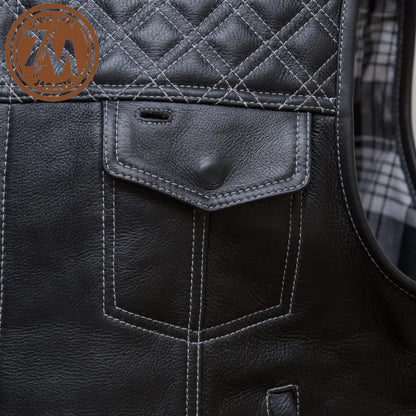 Winston Real Sheep Black Leather vest Coat Men’s Men Waist Coat chest flap pocket 