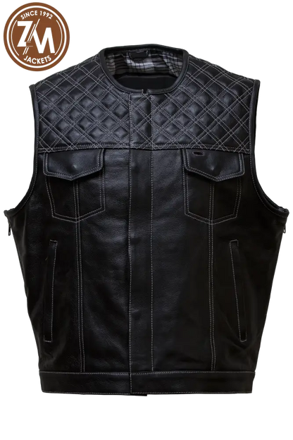 Winston Real Sheep Black Leather vest Coat Men’s Men Waist Coat front view 