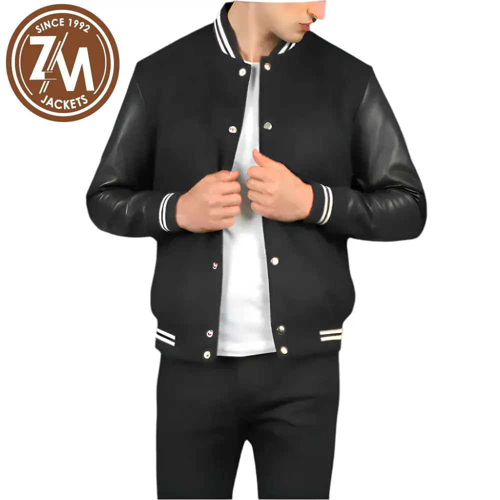 Men_Vaxton_Black_Striped_Hybrid_Varsity_Jacket_Open_Front
