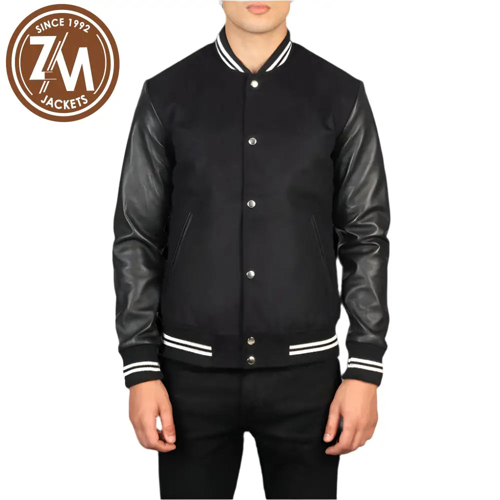 Men_Vaxton_Black_Striped_Hybrid_Varsity_Jacket_Close_Front